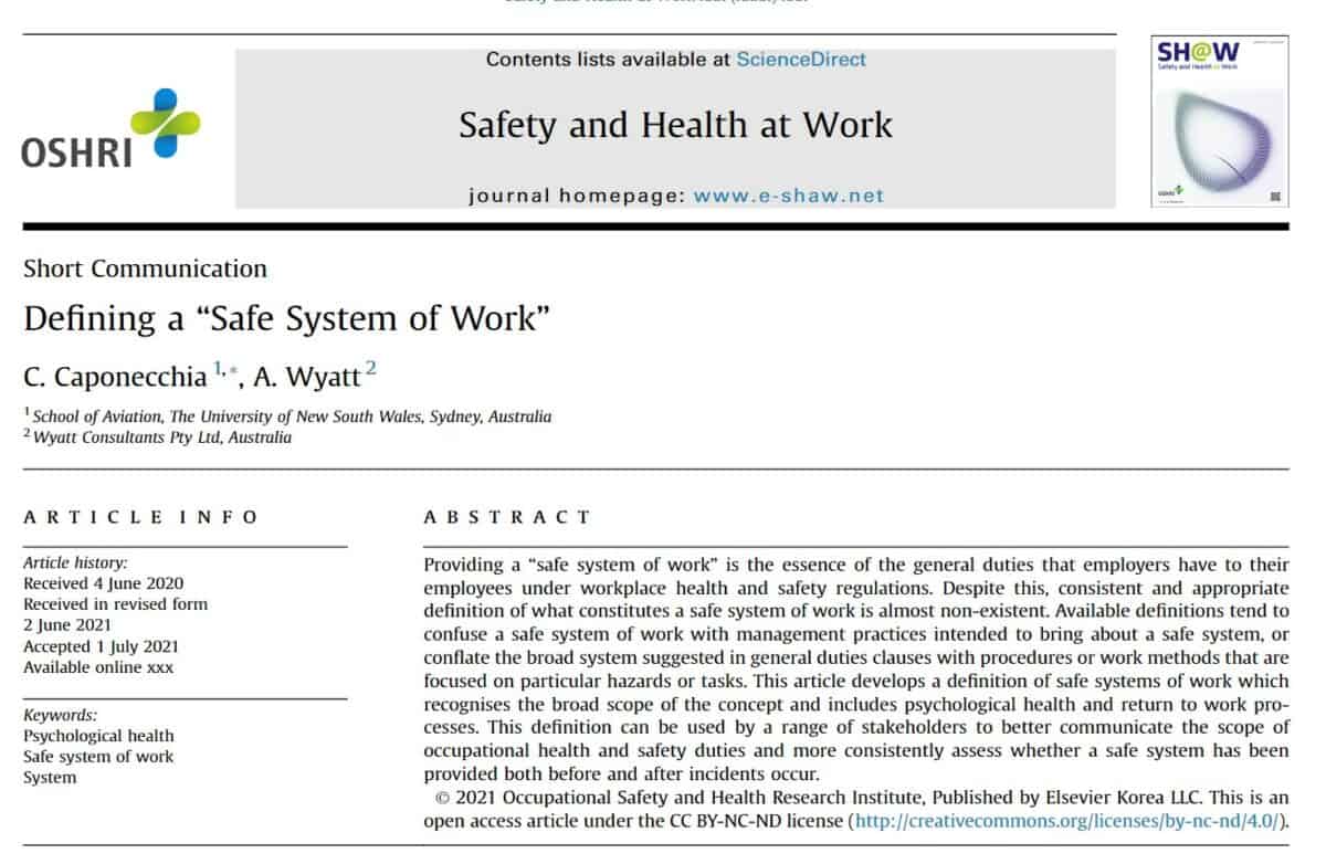 Is a definition of a “safe system of work” still needed?